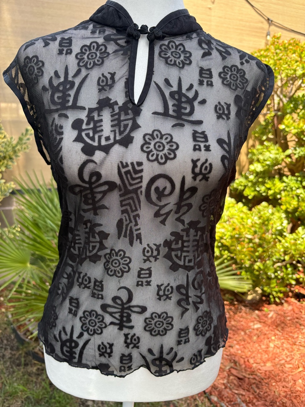 Vintage Y2K Sheer Mesh Chinese Inspired Symbol Top Black Goth Cyber Clubwear